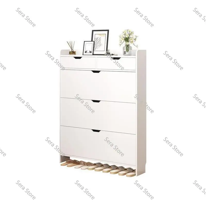 2-Tier Wooden Shoe Organizer Cabinet With Flip Drawers Narrow Shoe Storage Cabinet Space Saving Slimming Shoe Rack