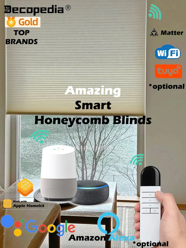 Decopedia Smart Motorized Honeycomb Blinds Cordless Blackout Cellular Shades for Windows Google Alexa Compatible