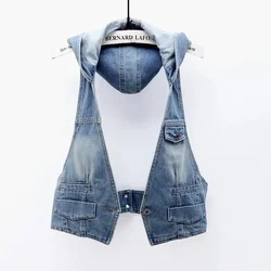 Vintage Denim Vest Women Hooded Short Spring Summer 2026 New Korean Femme Slim Sleeveless Jacket Waistcoat Women Jeans Vest