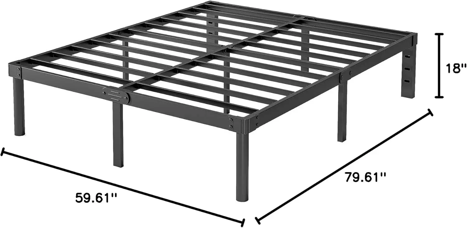 Marco de cama de metal de 18 pulgadas, marco de cama de plataforma grande y resistente, resorte grande sin caja, fácil de montar, sin ruido, negro