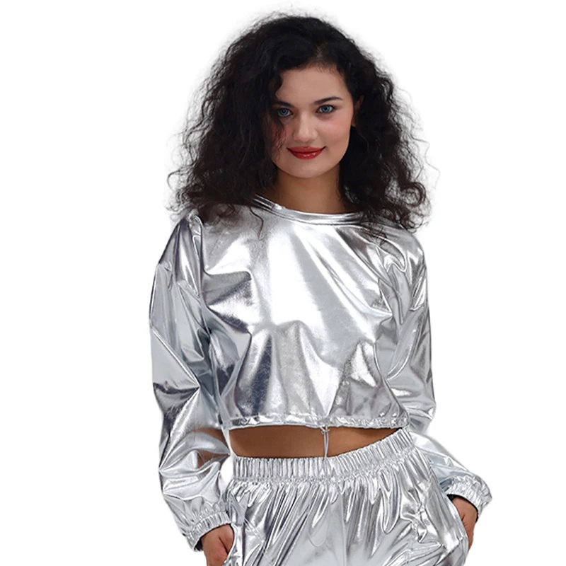 Женские блестящие лазерные укороченные топы с капюшоном и длинными рукавами из металлической искусственной кожи в стиле хип-хоп, костюм для танцев на пилоне, уличная одежда, дискотека, вечеринка для взрослых