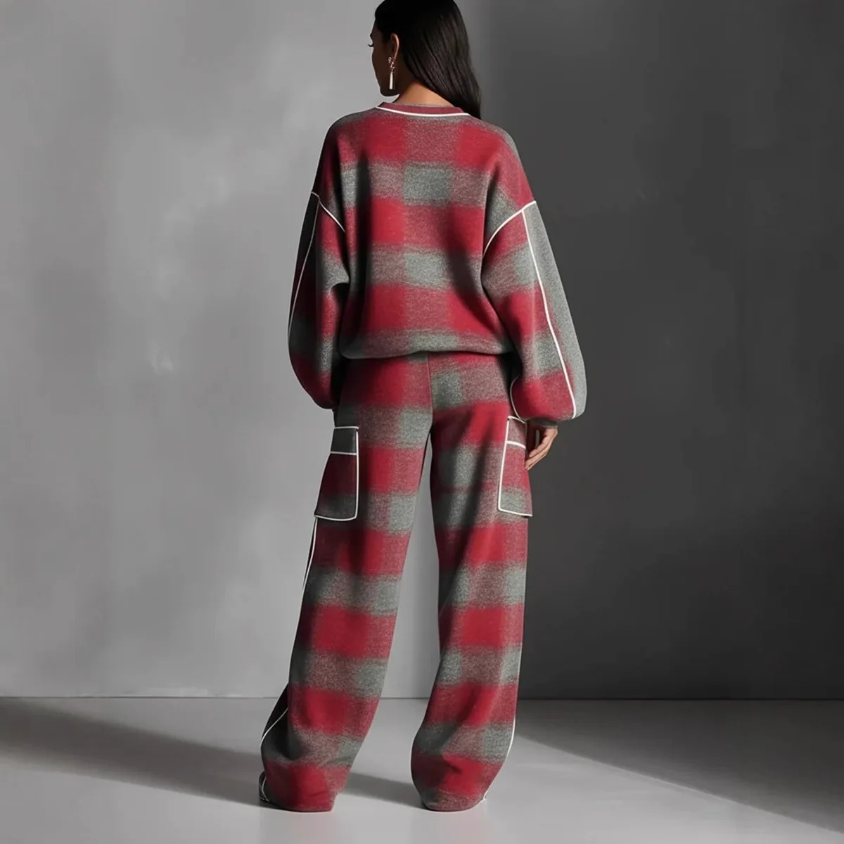 2026 Women's Plaid Vintage Street Style Color-Block Trim Pants Set Spring Summer