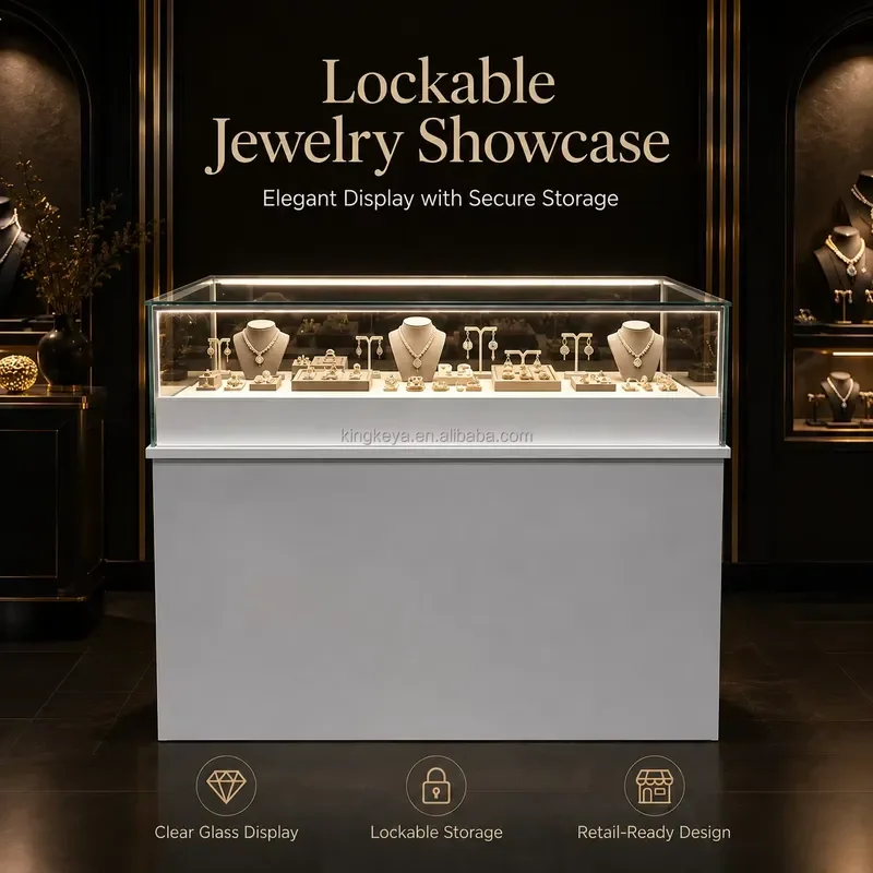 Modern White Jewelry Display Case with Tempered Glass and LED Lights Lockable Storage Drawers for Ring Necklace Earring