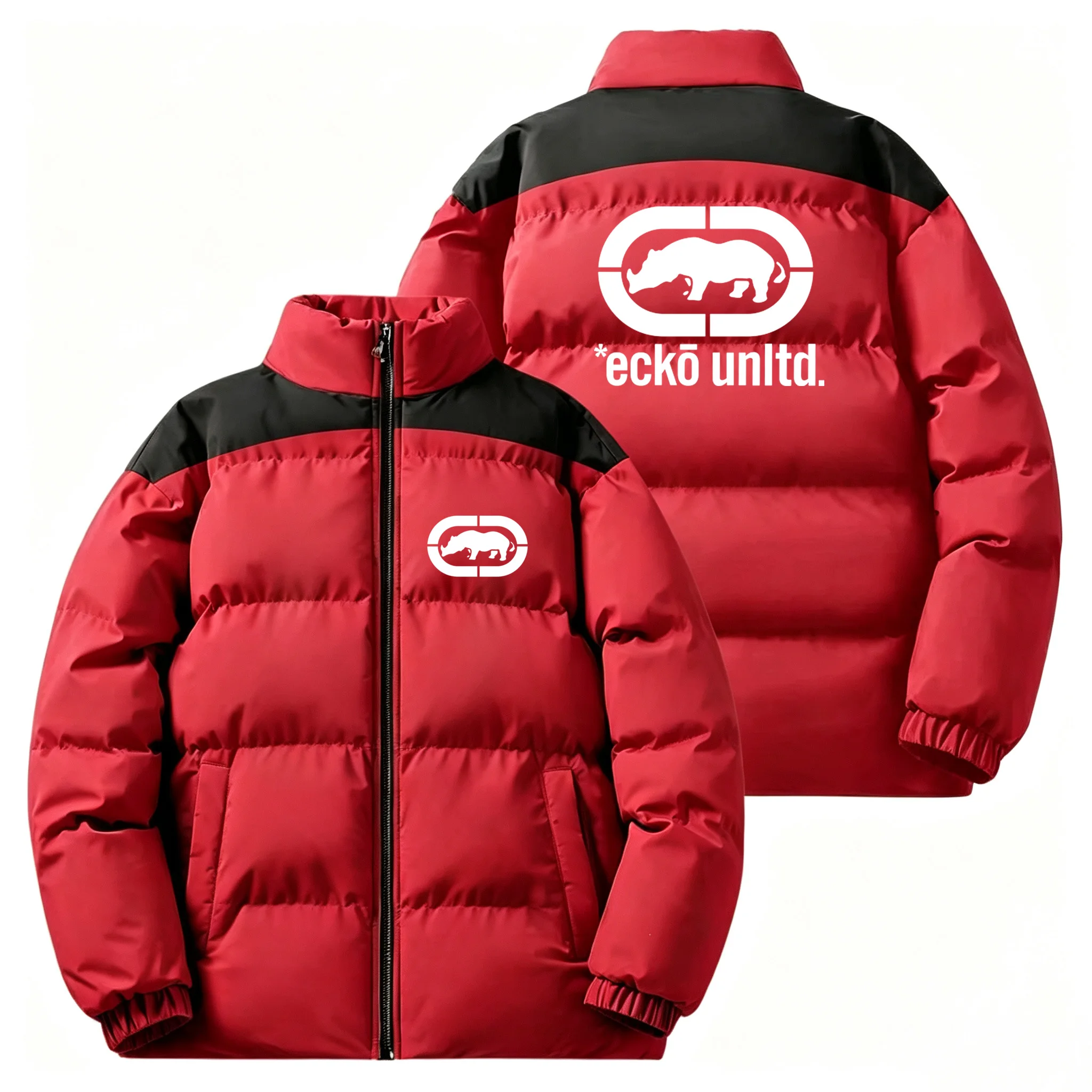 Winter Men Thick Padded Down Jacket Ecko Unltd Rhino Print Stand‑collar Zip Coat Hip‑hop Street Style Loose Warm Outerwear For D