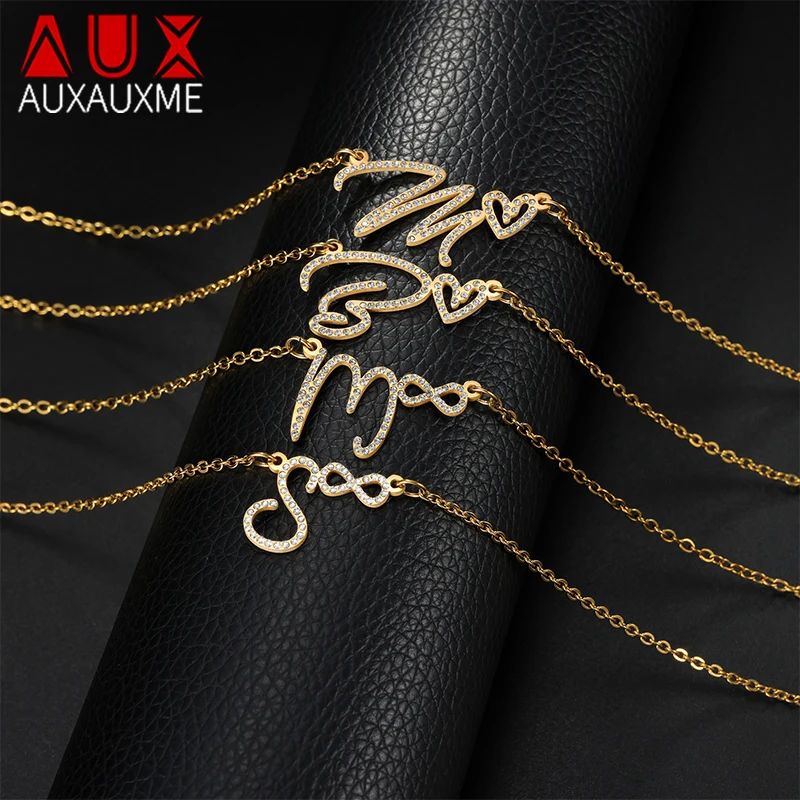 

Auxauxme Custom Capital Letters Zircon Necklace for Women Stainless Steel Simplicity Personalized Heart Infinity Symbol Pendant