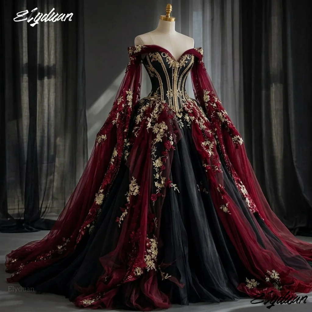 Black And Burgundy Gothic Wedding Dress With Flare Sleeves Off Shoulder Ball Gown Luxury Bridal Gowns Gold Lace Customized
