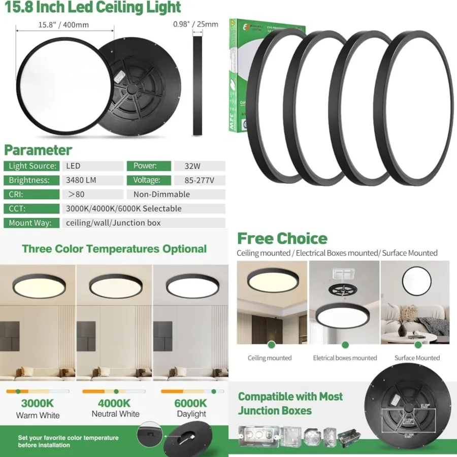 4PK 15.8 Inch LED Flush Mount Ceiling Light, 32W, 3480LM, 3000K/4000K/6000K CCT Selectable, Round Flat Panel Light Low Profile