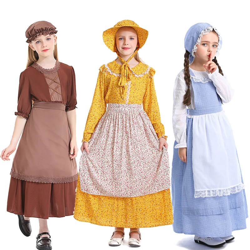 Carnival Halloween Girl Little House Costume Early American Pioneer Olden Day Prairie Girl Cosplay Fancy Party Dress