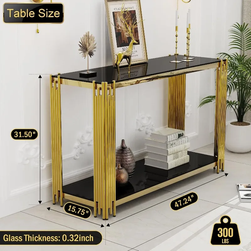 Gold Console Table with Tempered Glass for Entryway Living Room, Modern Luxury Stainless Steel Sofa Side Table Narrow Porch view 2