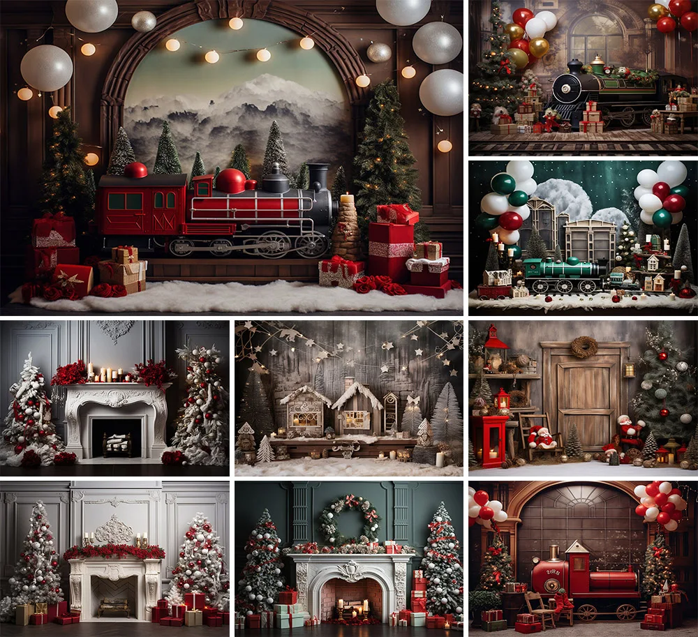 Mehofond Photography Background Winter Christmas Fireplace Train Snow Xmas Tree Kids Family Portrait Decor Backdrop Photo Studio