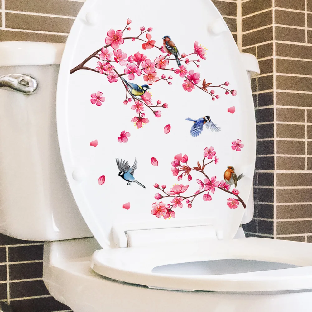 Adesivo de Parede Flor de Ameixa com Pássaro, Decoração para Banheiro e Lavabo, Mural Floral para Armário, Decoração Autoadesiva para Embelezar o Lar