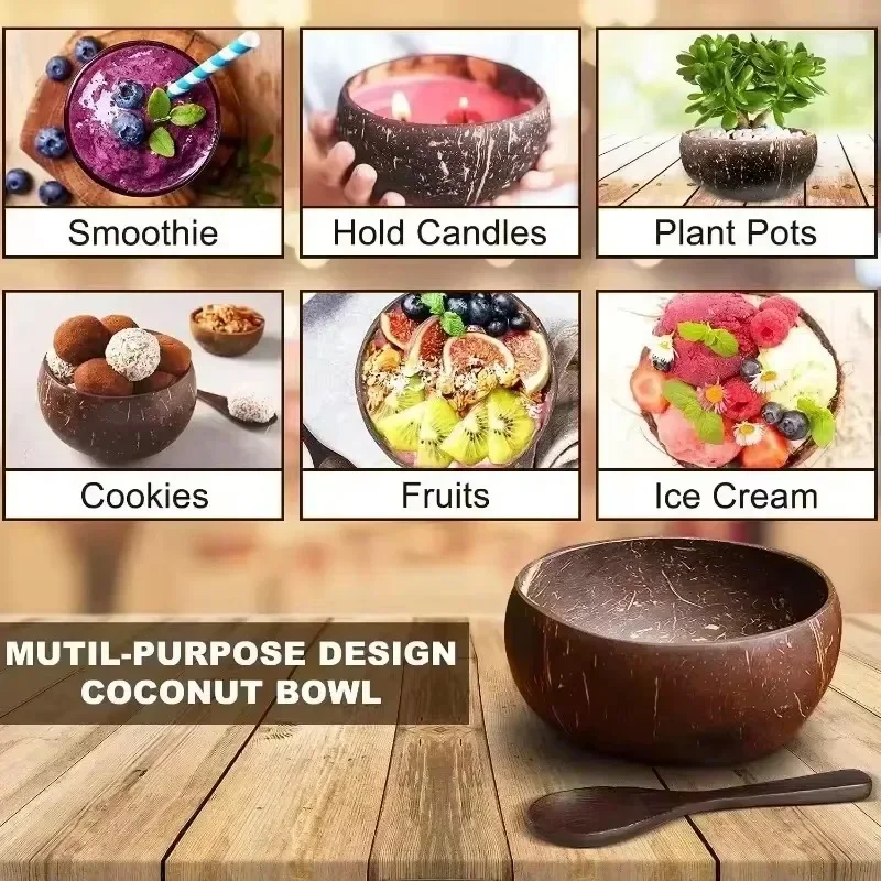 Natural Coconut Bowl Wooden Salad Ramen Bowls Coconut Wood Spoon Smoothie Large Capacity Bowl Home Kitchen Tableware 1/3pcs