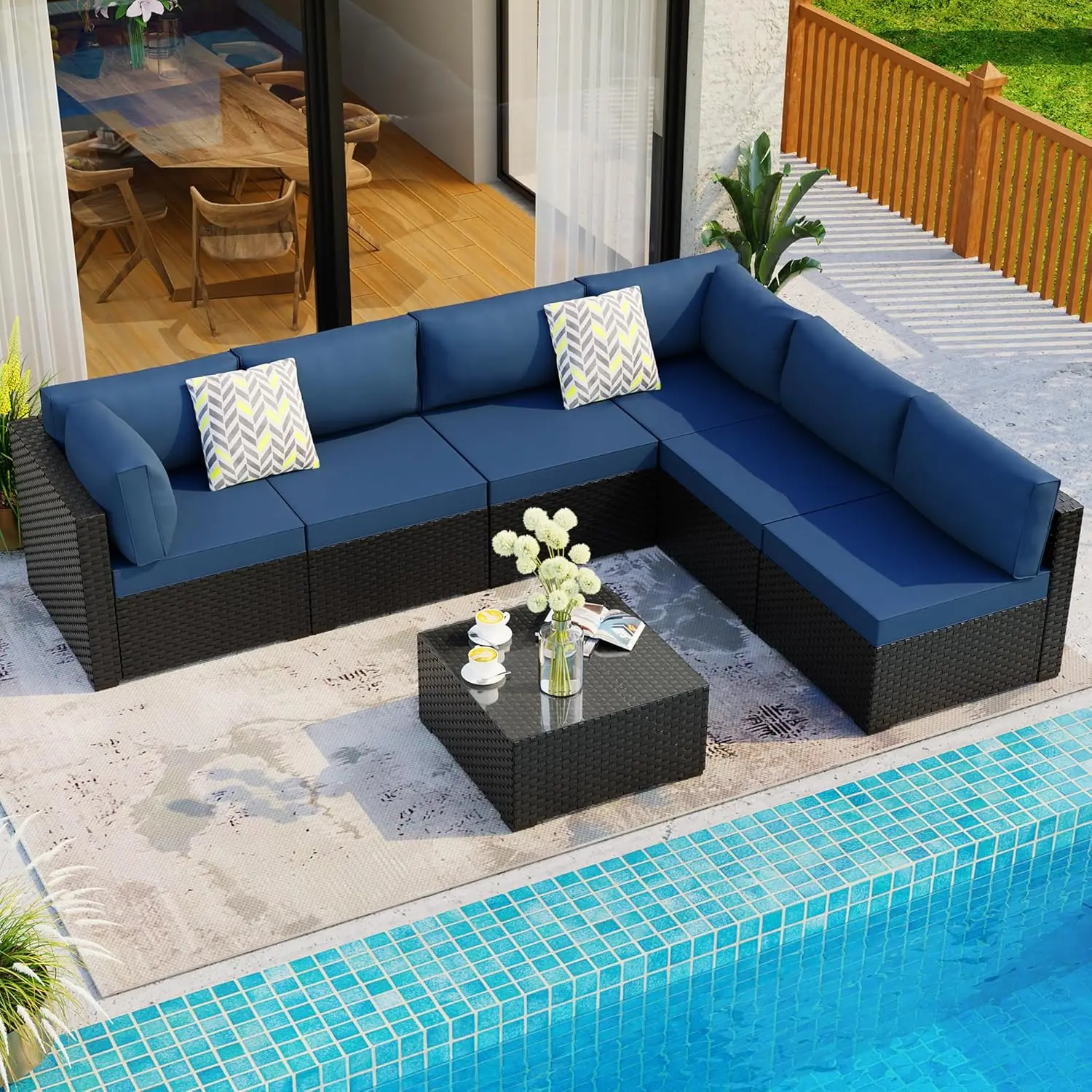 7 Pieces Outdoor Patio Sectional Sofa Couch, Black Wicker Furniture Conversation Sets with Washable Cushions