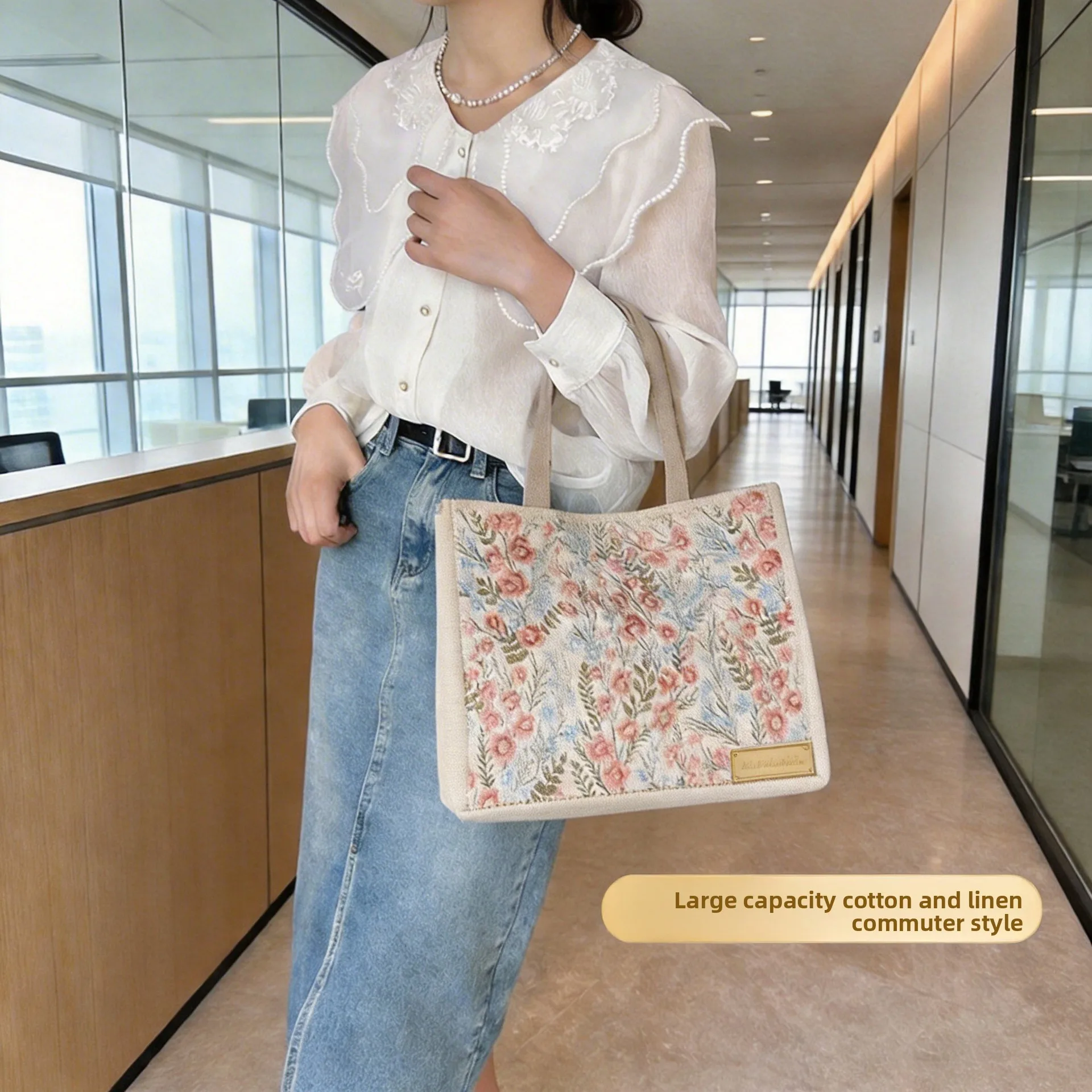 2025 Autumn Winter New Korean Style Floral Handbag Large Capacity Women Striped Cotton Linen Commute Bag Lunch Tote Bag