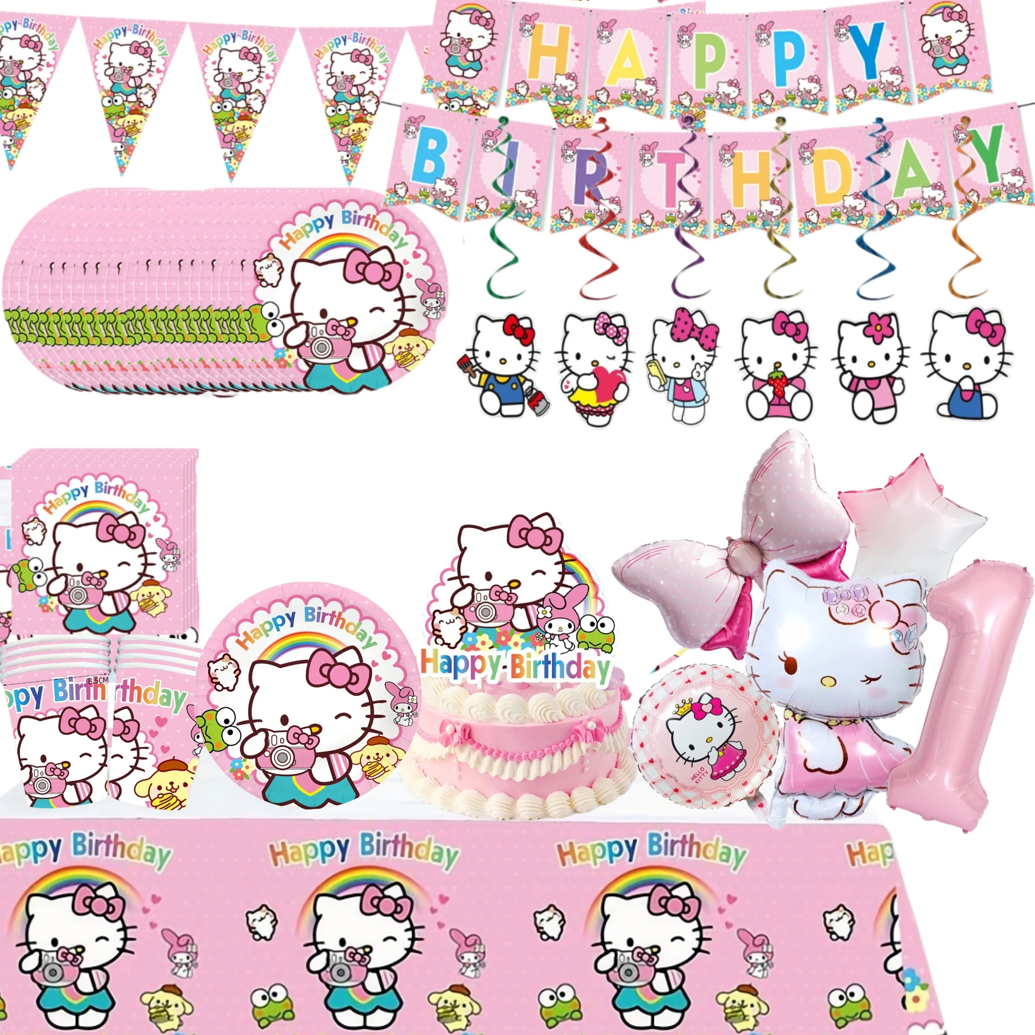 Zestaw jednorazowych naczyń na przyjęcie urodzinowe dla dziewczynek w stylu Hello Kitty: papierowe kubki, talerze, balony, upominki dla dzieci, dekoracje na przyjęcie z balonami KT.