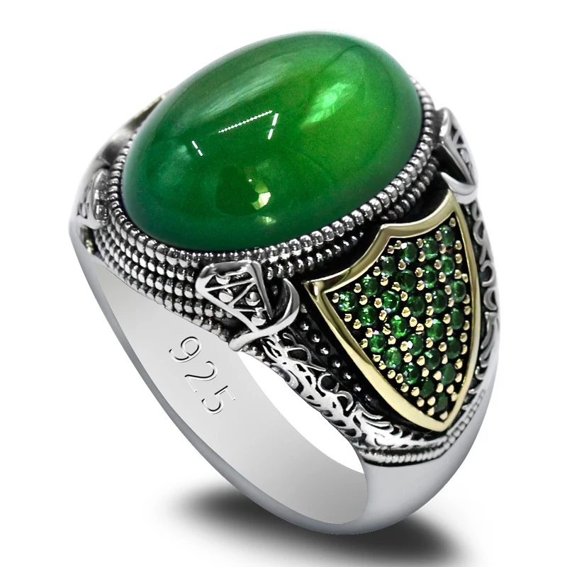 

S925 Sterling Silver Men's Ring Black Natural Green Agate Jewelry Retro Gift Women Türkiye Handmade Jewelry Luxury Muslim Gift