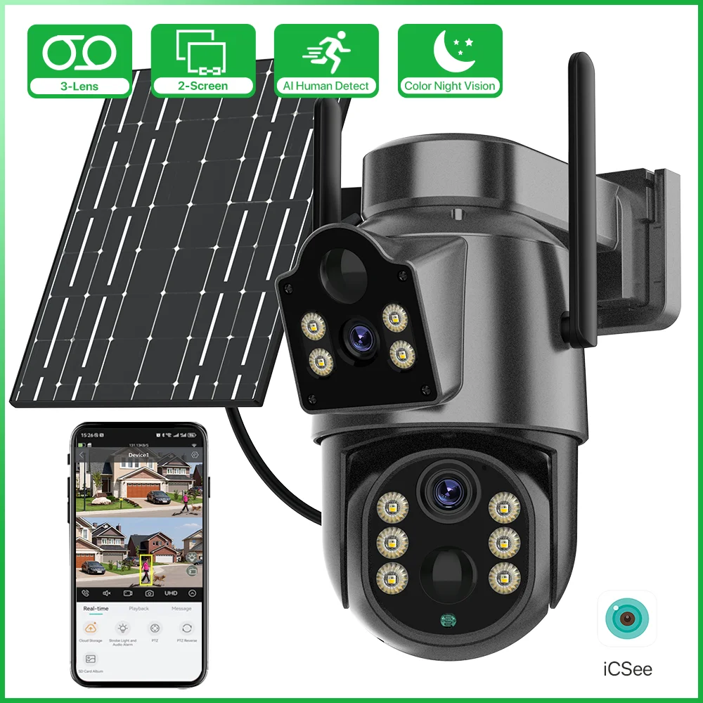 Caméra de sécurité extérieure sans fil à double objectif batterie intégrée caméra WiFi solaire 4MP