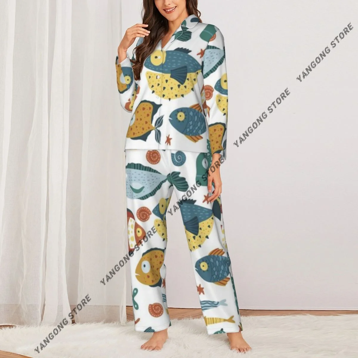 Spring and Autumn Long Sleeve Pants Pajamas Set Fishes Scandinavian Style Underwater Women's Pull Edge Loose Sleeping Suit