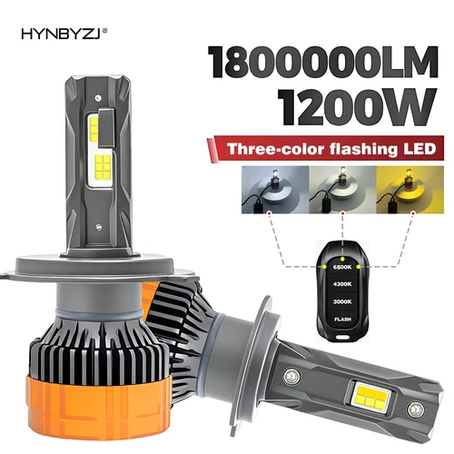Faros LED H7 de 1200W con H1 H4 H11 9005 9006 9012 6500K 4300K 3000K Control remoto de tres colores para luces de faros de coche