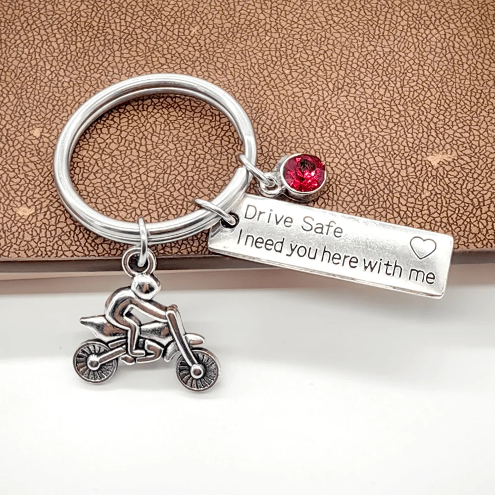 1Pc Motorcycle Birthstone Keychains,Drive Safe Keyring,Biker Gifts For Husband Son Family Friend,Gift For Valentine\'s Day