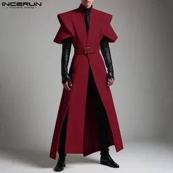 INCERUN Tops 2025 American Style Fashion Men Loose Silhouette Long Cardigan Shirts Casual Personality Solid Short Sleeved Blouse