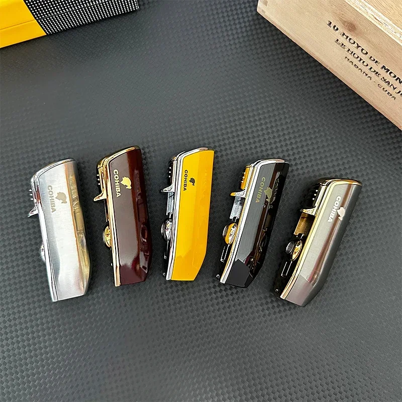 Cohiba Cigar Windproof Metal Lighter 3 Jet Blue Flame Gas Torch Butane Cut Lighter Sharp Cigar Accessory with Gift Box