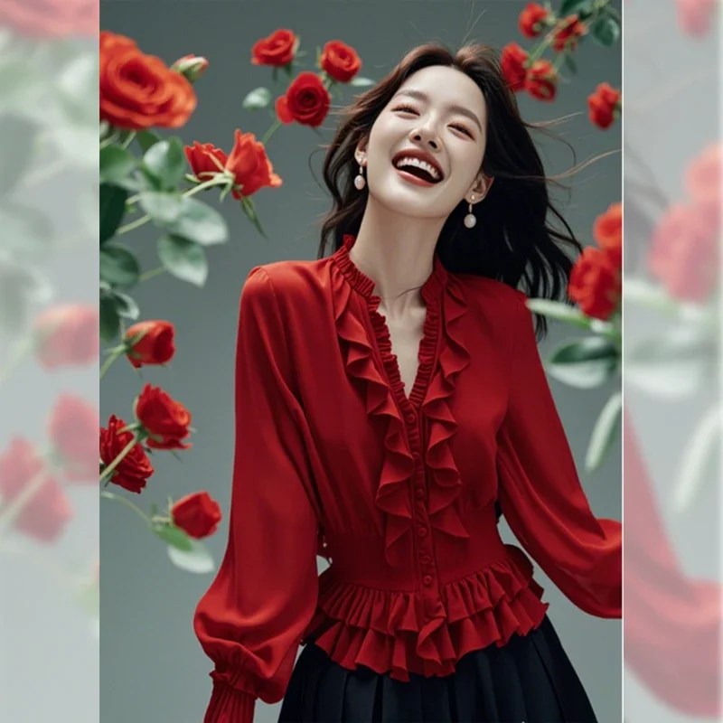 Francês com decote em v brincos de madeira vermelha camisa 2025 primavera outono novo estilo de moda moda temperatura cintura-fechar e magro chique topo