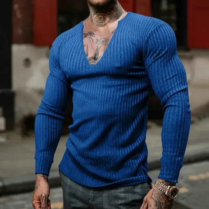 

Border Summer New Men's Sweater European and American Knitted Long Sleeved Solid Color Slim Fit Men's Top T Shirt for Men