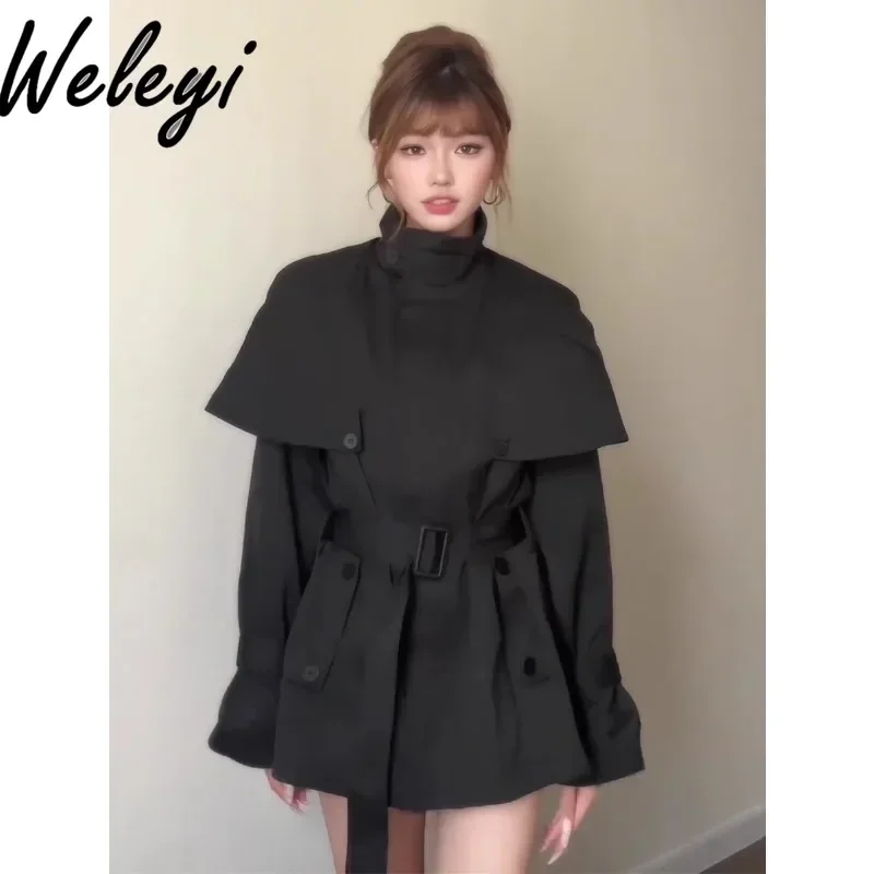 

Autumn Sweet Black Cloak Strappy Trench Coat Female Winter High-end Loose Women Turtleneck Slimming Waist Long Sleeve Shawl Coat