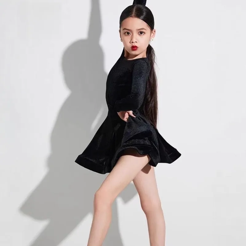 子供用ラテンダンストレーニングスーツ、女の子用ワイドスカートパフォーマンスプロフェッショナル衣装、秋冬の新しいスタイル