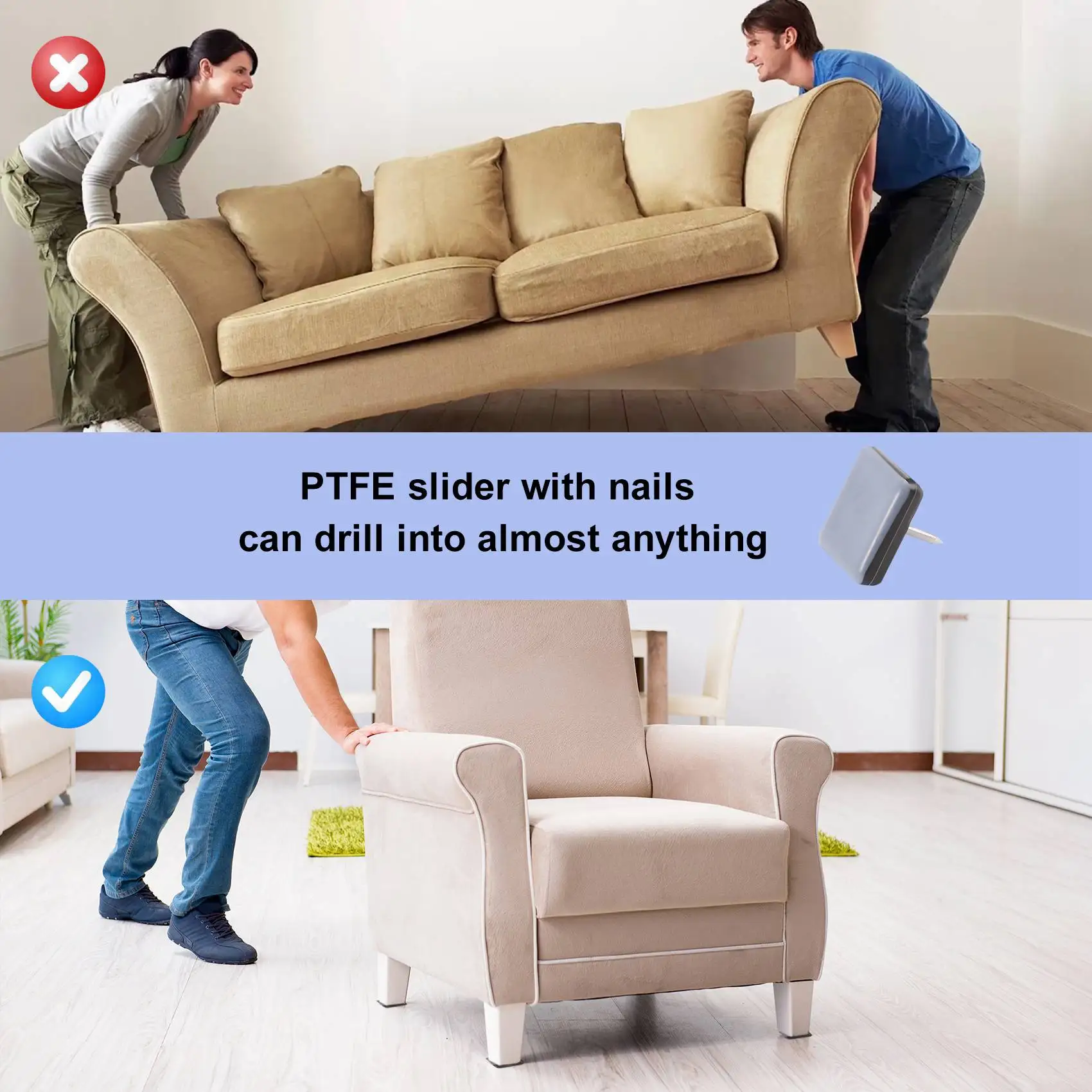 20Pcs Chair Glides Furniture Sliders PTFE Easy Moving Pads Square with Nail Feet Protector for Hardwood Floor