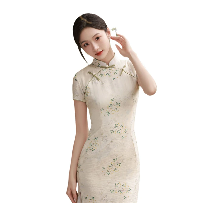 New Chinese Style Costume Elegant Cheongsam Imitation Ramie Dress Stand Collar Short Sleeved Side Slit Slim Fit Women's Clothing