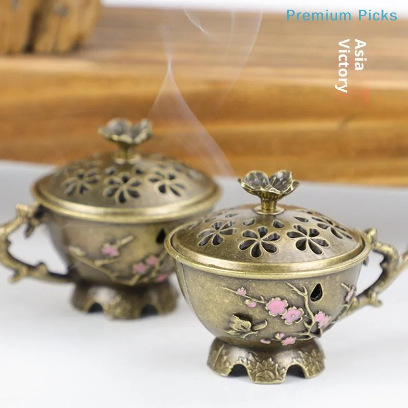 Plum Blossom Incense Burner With Handle Retro Plum Blossom Hollow Out Incense Stick Burner Zinc Alloy Small Craft Home Decor