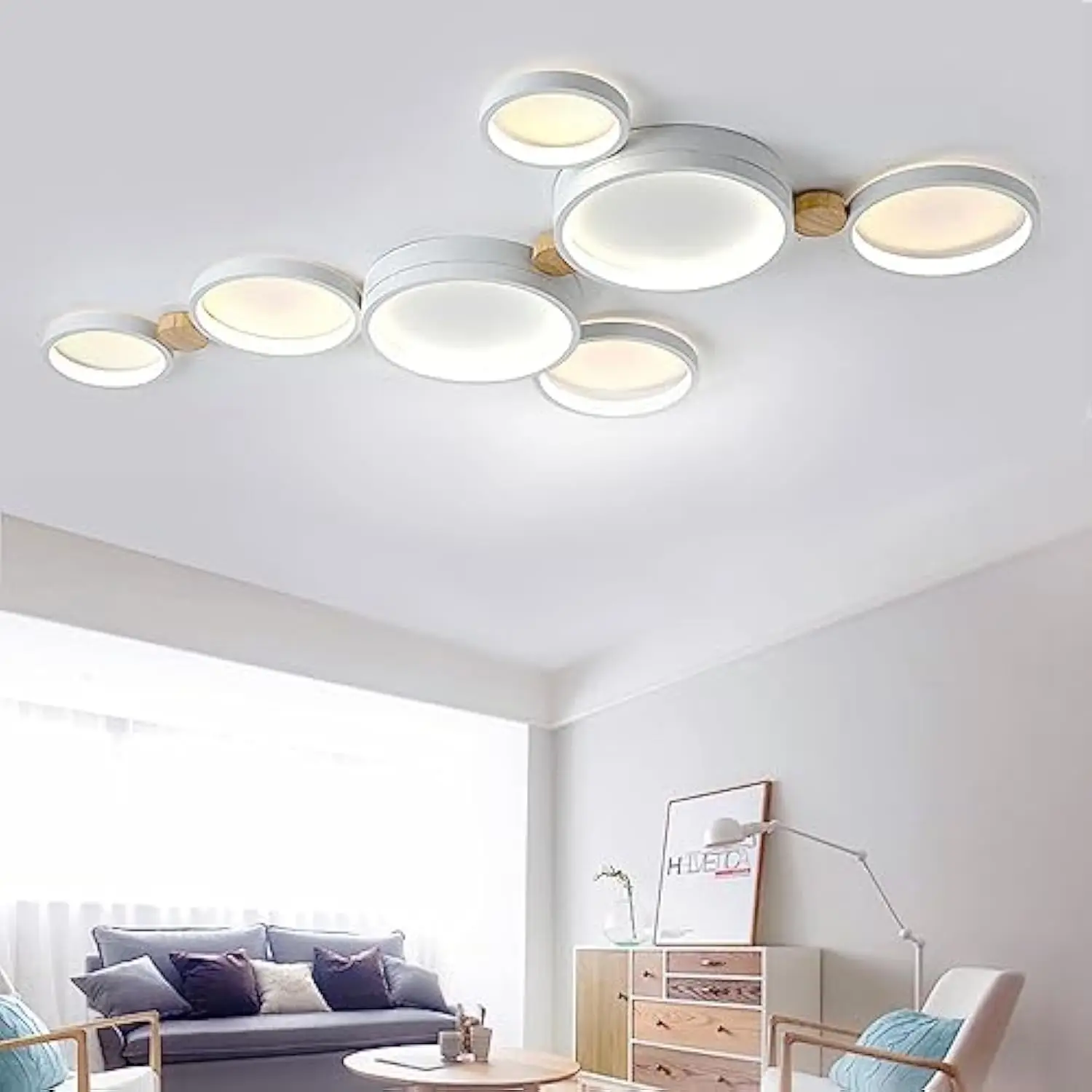 

Светодиодный потолочный светильник с 7 лампами, 42, современные потолочные светильники, деревянная люстра с регулируемой яркостью 47 Вт для гостиной, кровати