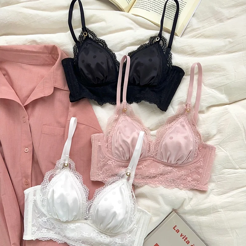 

Delicate Lace Bra Satin Steel Ring Cup Gathered Small Chest Premium Comfortable Adjustable Shoulder Strap Full Stage Girl Bra