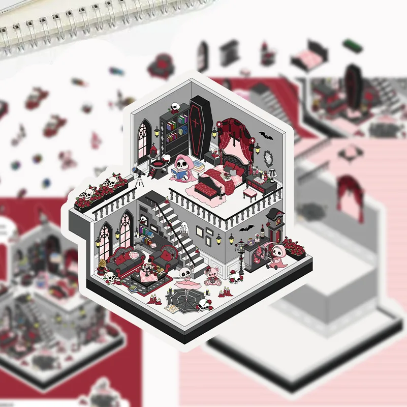 Autocollants de papeterie 3D de château gothique de dessin animé, monde miniature, maison, décompres