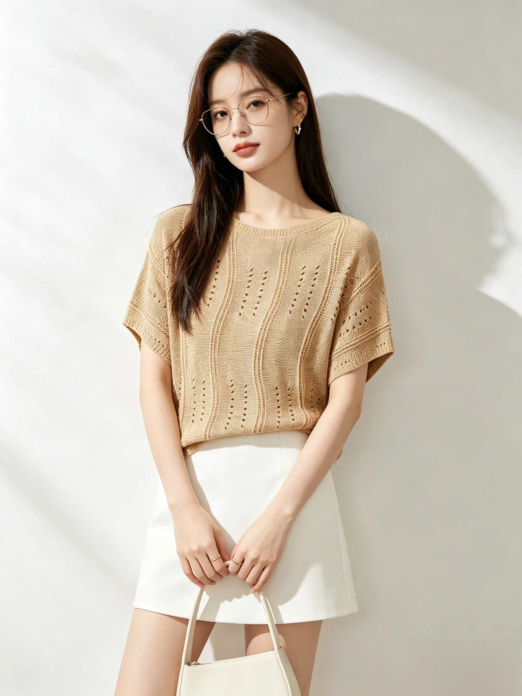 

Summer Korean Style Short Sleeve T-Shirt Women's round Neck Knitted Top Hollow out Batwing Sleeve Breathable Skin-friendly