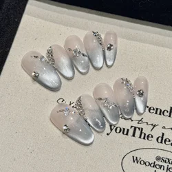 Handmade French Tips Fake Nails Glossy Grey Blue Cat's Eye Press On Nails Flash Rhinestone Decor Removable Almond False Nail Tip