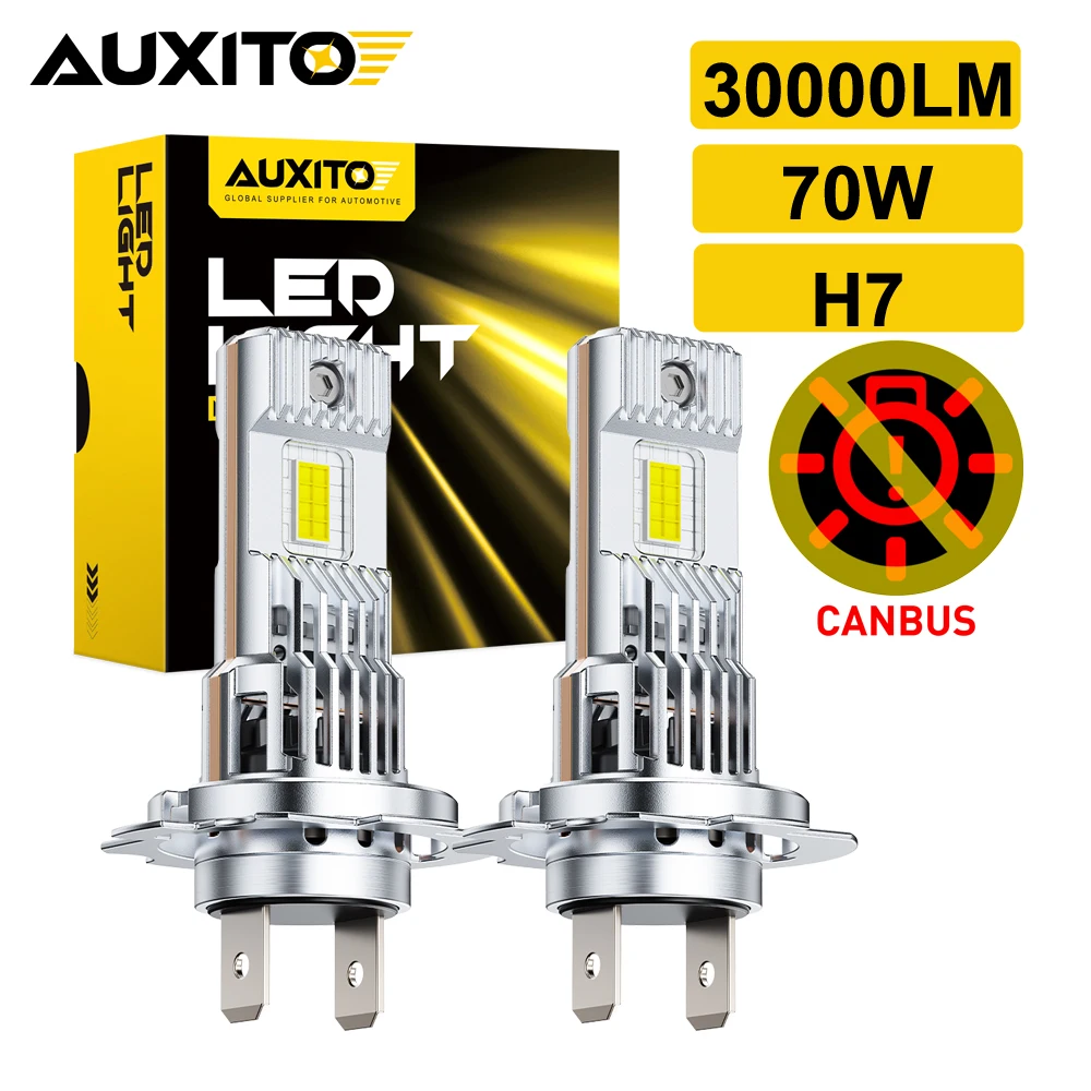 AUXITO 2Pcs Headlight H7 Mini LED No Error 70W 30000LM Car Headlight Bulbs with Fan 6500K White Plug and Play LED Car Lamps 12V