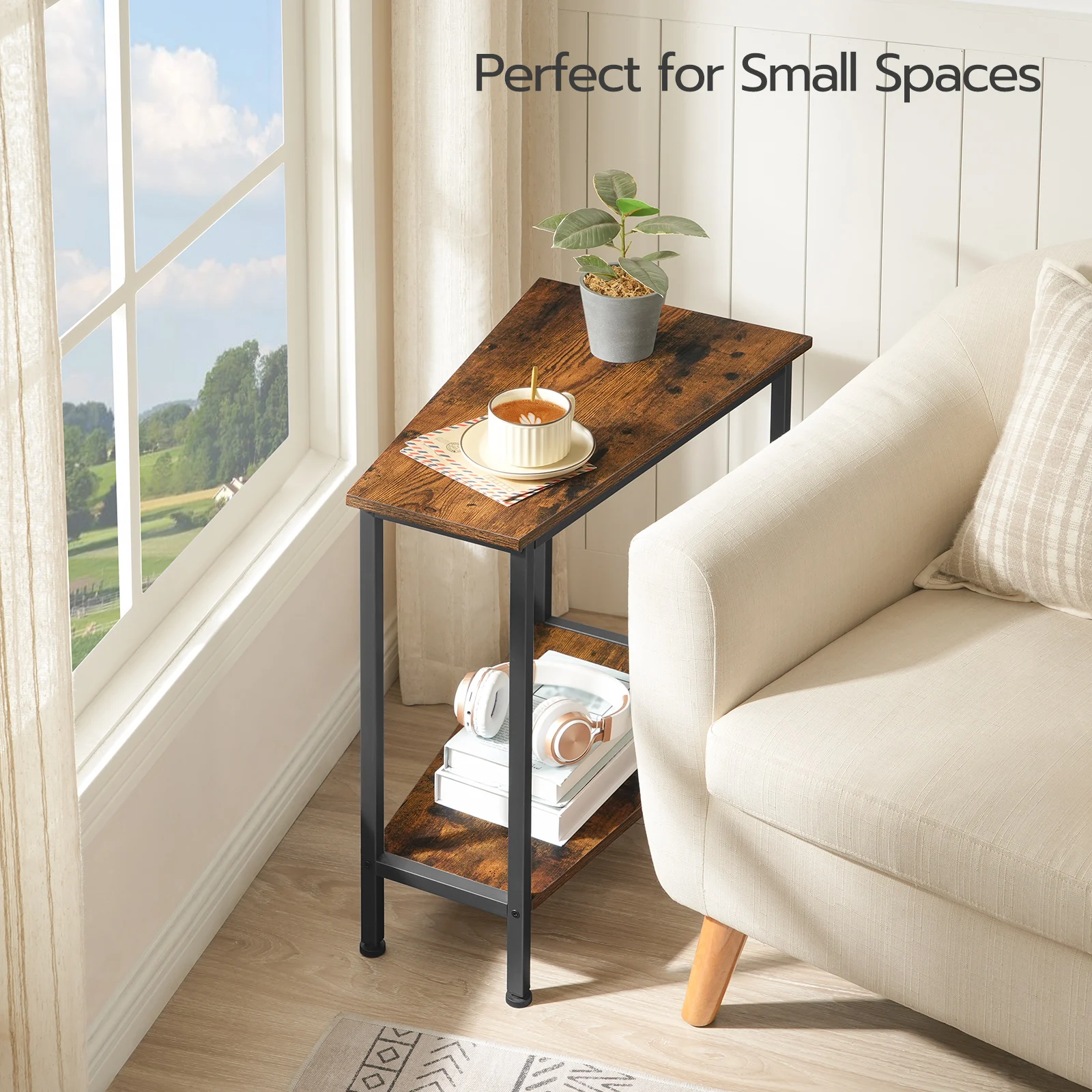 Wedge End Table, Recliner Wedge Side Table with Storage, Industrial Triangle Accent Table for Small Space, Corner 1