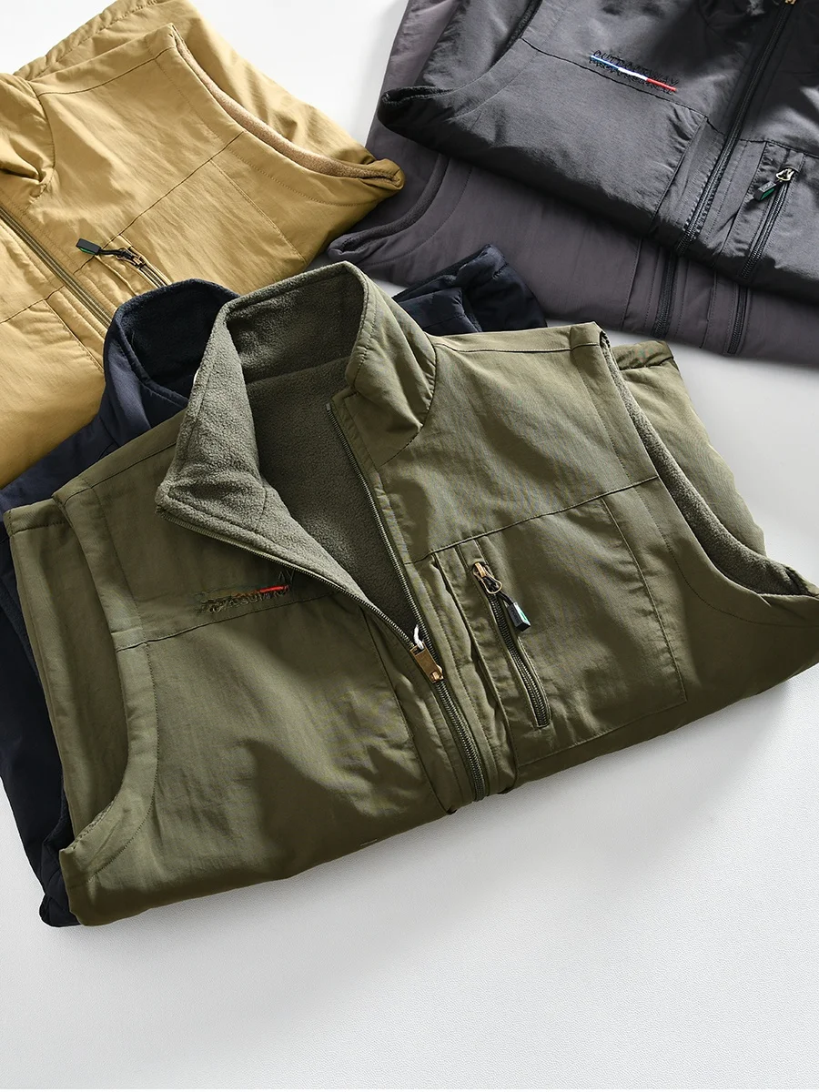 

Outdoor Waterproof Fleece Vest Men's Fashion Stand Collar Pure Color Fishing Vest Double-Sided Wear Thickened Nylon Fiber