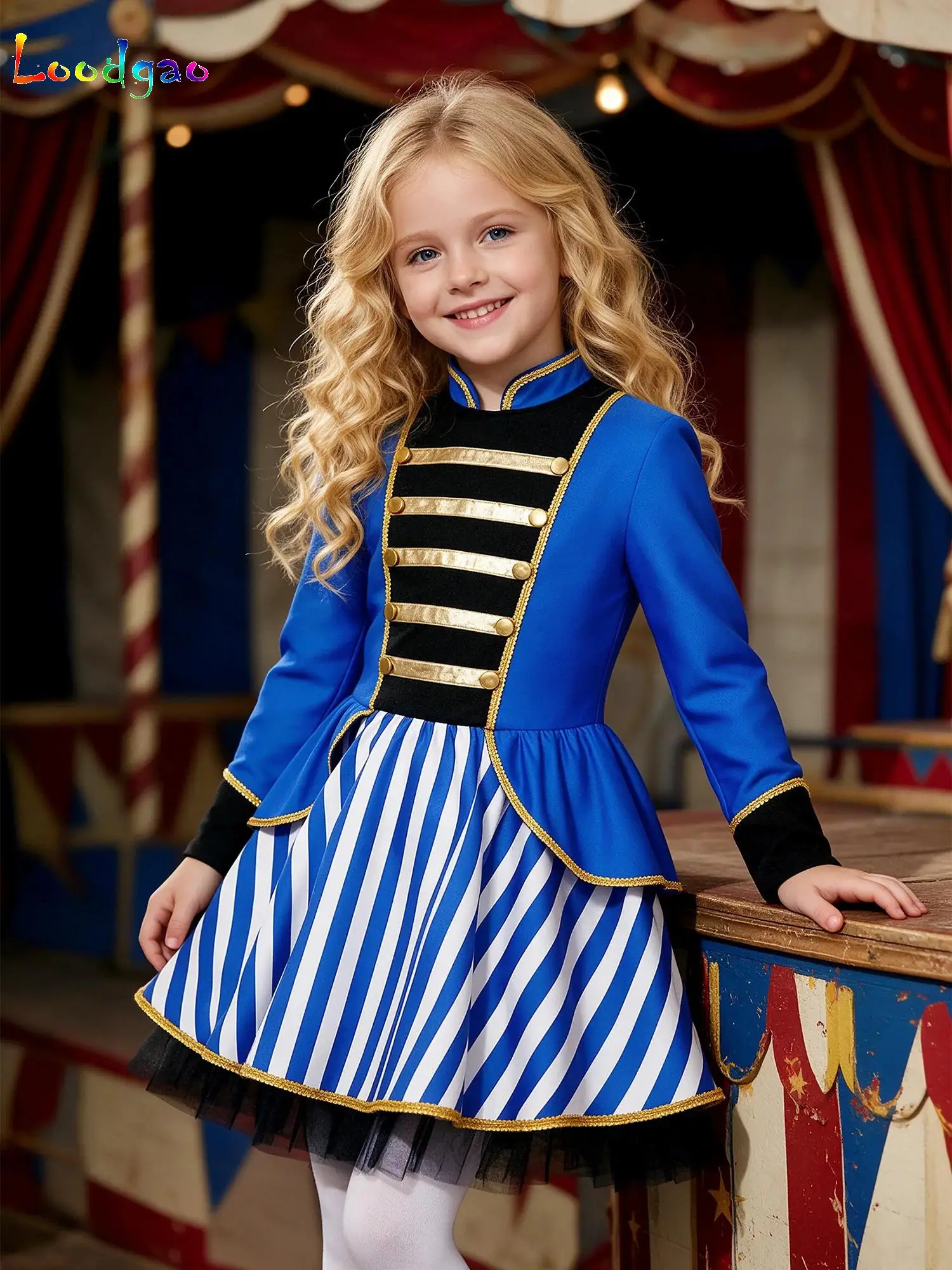 6-16Y Halloween Christmas Tutu Dress Long Sleeve Gold Trim Circus Ringmaster Cosplay Dresses for Birthday Carnival Theme Party