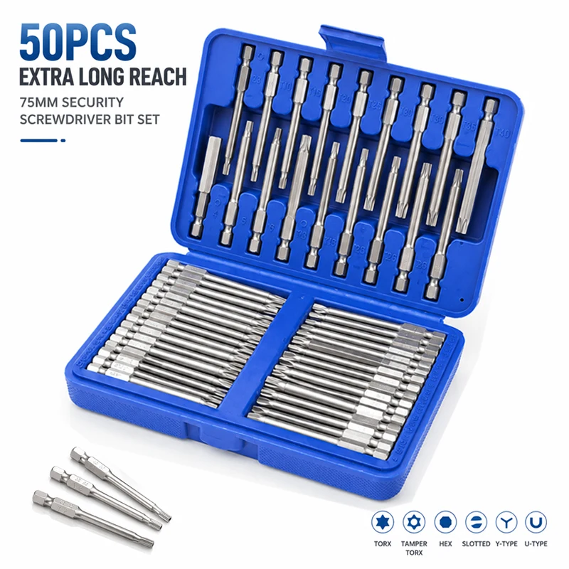 50Pcs 75mm Extra Long Reach Security Screwdriver Bit Set Premium Magnetic Torx Hex Slotted Y U Type Bits with Hard Storage Case