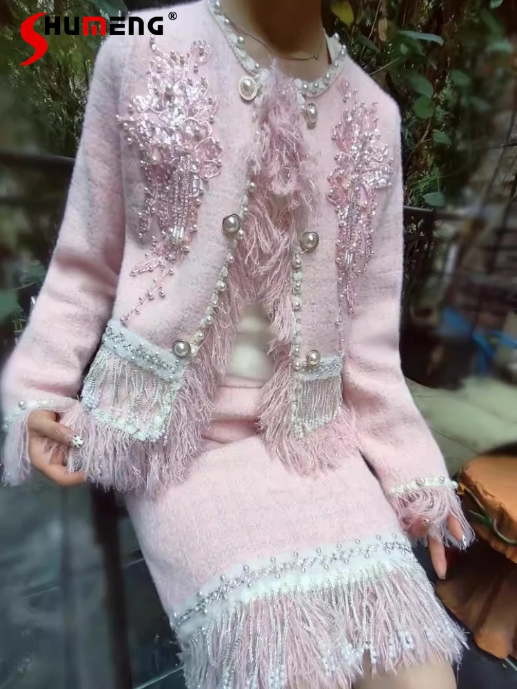 

Feminine 2025 Light Luxury 2pcs High-End Handmade Beaded Tassel Small Fragrant Sequin Flower Pearl Coats Skirts Two-Piece Sets
