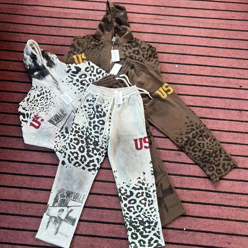 American High Street Leopard Splice Print VALLEY Zip Hoodies Sets Man Woman Loose Straight Sweatpants 2 Piece Outfit
