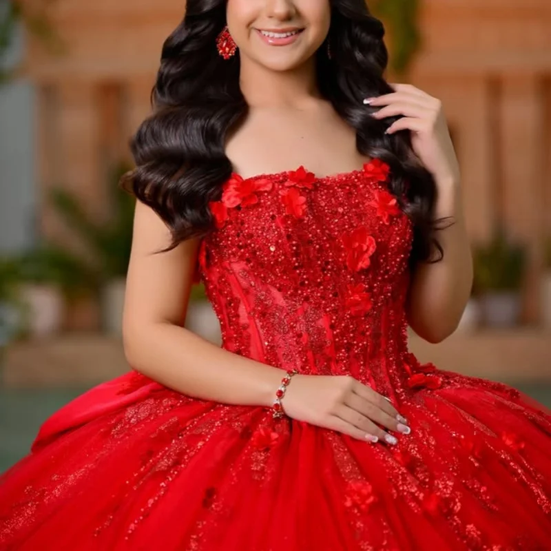 

Red Quinceanera Dress Crystal Glitter Decal 3D Flower off-shoulder Long tail Bow Vestidos De 15 Quinceanera ﻿Customize