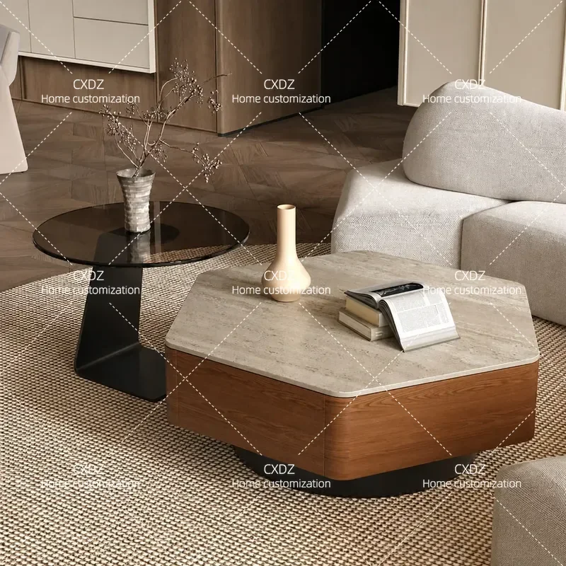 Medieval Wabi Sabi Coffee Table Hexagonal Combination Square Retro Premium Living Room Furniture for Small Apartment