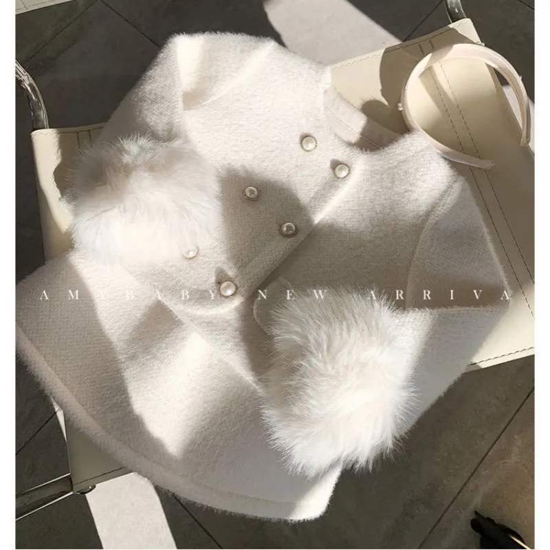 Girls Wool Coat Set Autumn Winter New Kids Faux Fur Lined Thick Jacket Skirt Two Piece Set Fashion Outfit