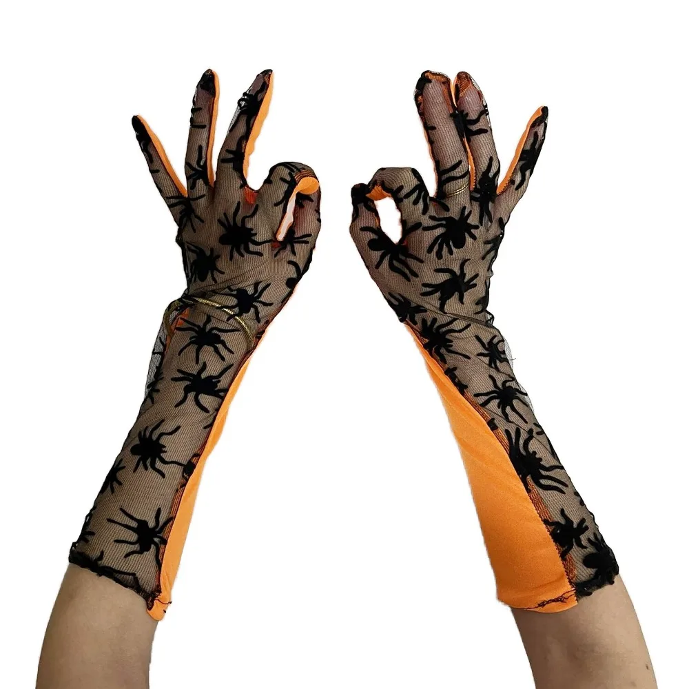 Halloween Orange Splicing Lace Spider Web Gloves Women's Gloves Dress Up