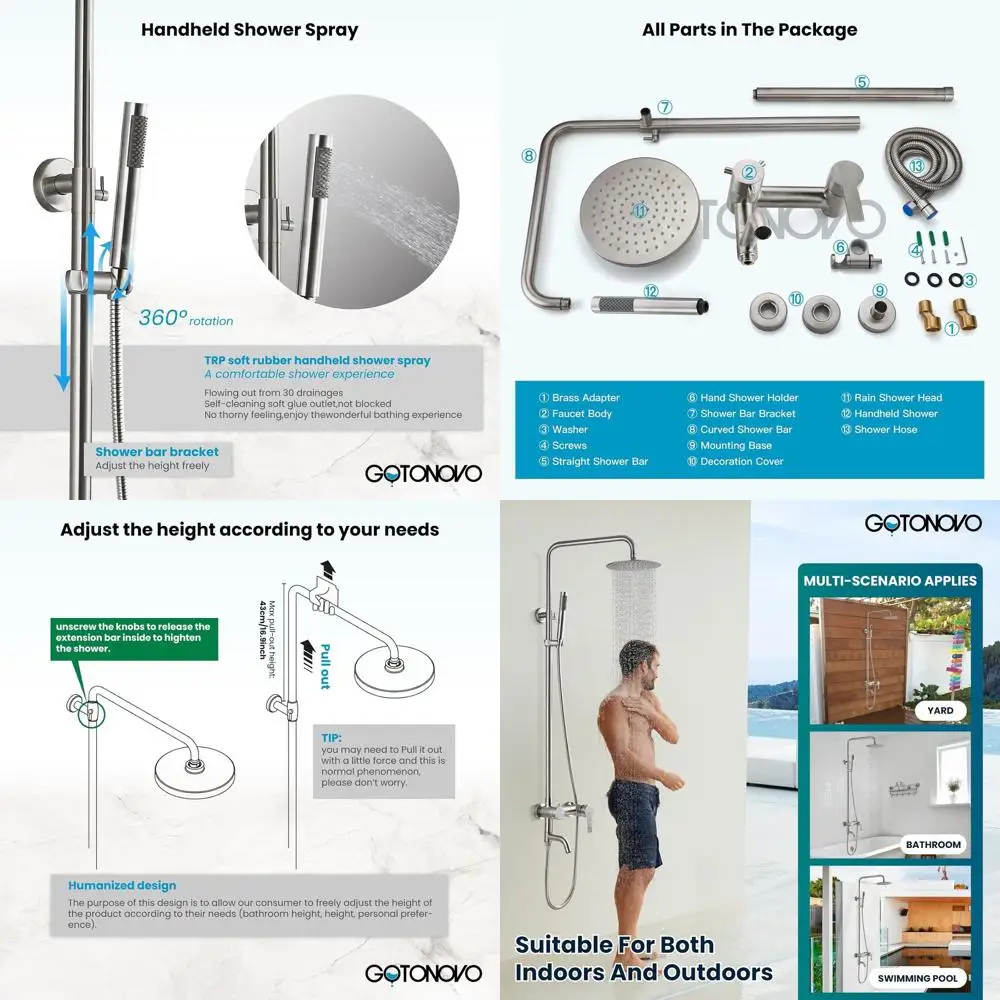 

8 Wall-Mounted Brushed Nickel Shower System with Rainfall Head, Cylinder Handle, and Hand Spray